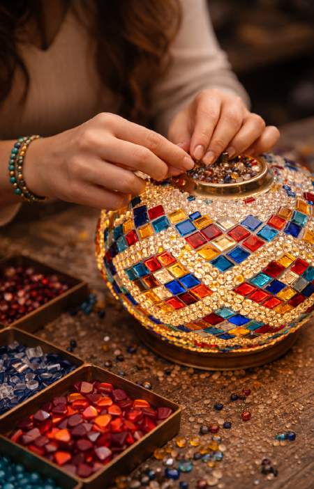 An artisan setting glass beads into a mosaic lamp globe by hand